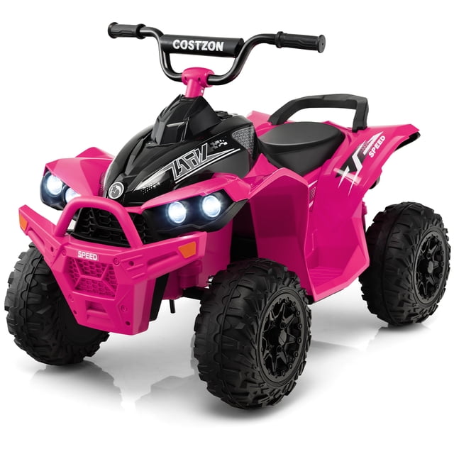 Costway 12V Battery Powered Kids Ride On ATV Electric 4-Wheeler Quad Car in pink with MP3 and lights. Features a cool ATV design with bright headlights, anti-slip handlebars, and four wear-resistant wheels for smooth riding on various terrains. Includes functional buttons for forward/backward movement, high/low speed, and a foot pedal for acceleration. Suitable for children aged 3-8 years, with a weight capacity of 77 lbs. Made of durable PP material and equipped with a 12V rechargeable battery and two powerful motors for speeds up to 2.7 mph.