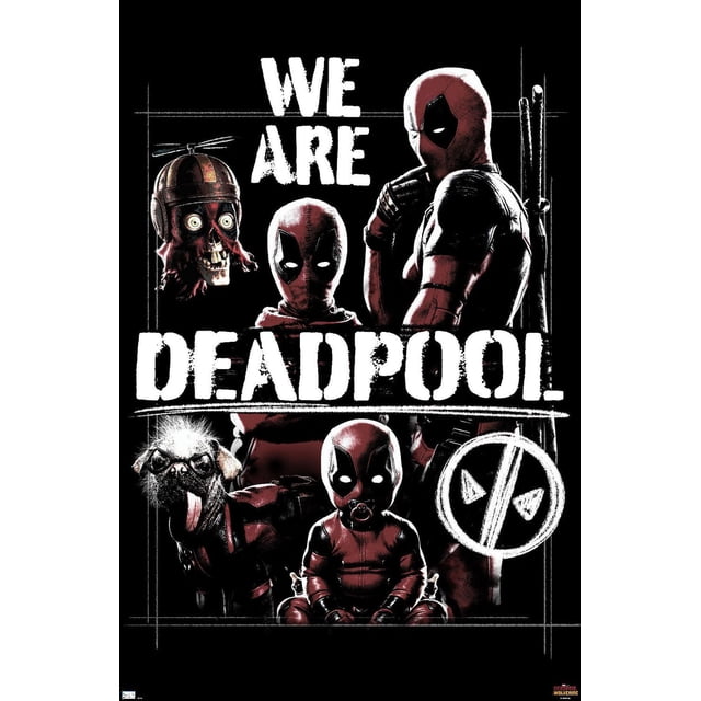 Marvel Deadpool & Wolverine - Affiche Murale « We Are Deadpool » avec Cadre Magnétique, 22,375 Po x 34 Po Présentant une Oeuvre Haute Résolution de Personnages Deadpool en Costumes Rouges et Noirs sur Fond Noir avec Texte Blanc Audacieux « We Are Deadpool » et un logo Deadpool Blanc, Imprimée sur Papier d'Affiche Lustré pour une Déco Murale Vibrante, Convient aux Chambres, Bureaux Ou Dortoirs.