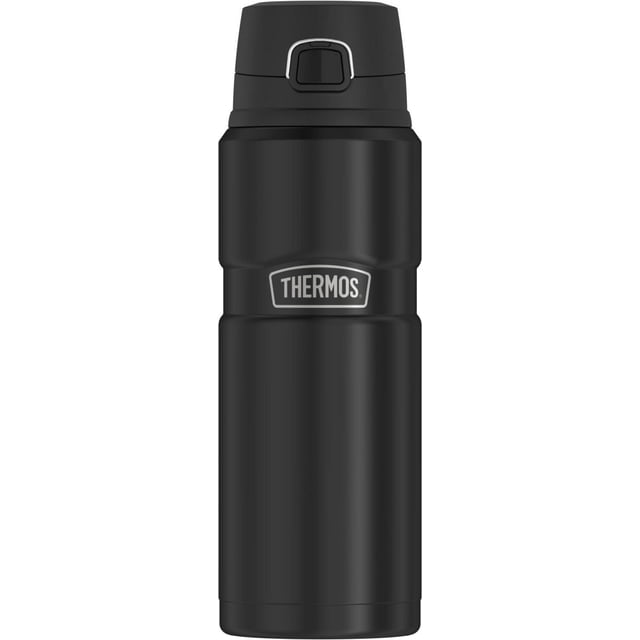 Thermos Vacuum Insulated Stainless Steel 24 Oz Beverage Bottle in black with vacuum insulation to keep beverages hot for 18 hours or cold for 24 hours, featuring a push-button flip-top lid and sweat-proof exterior, suitable for travel and everyday use.