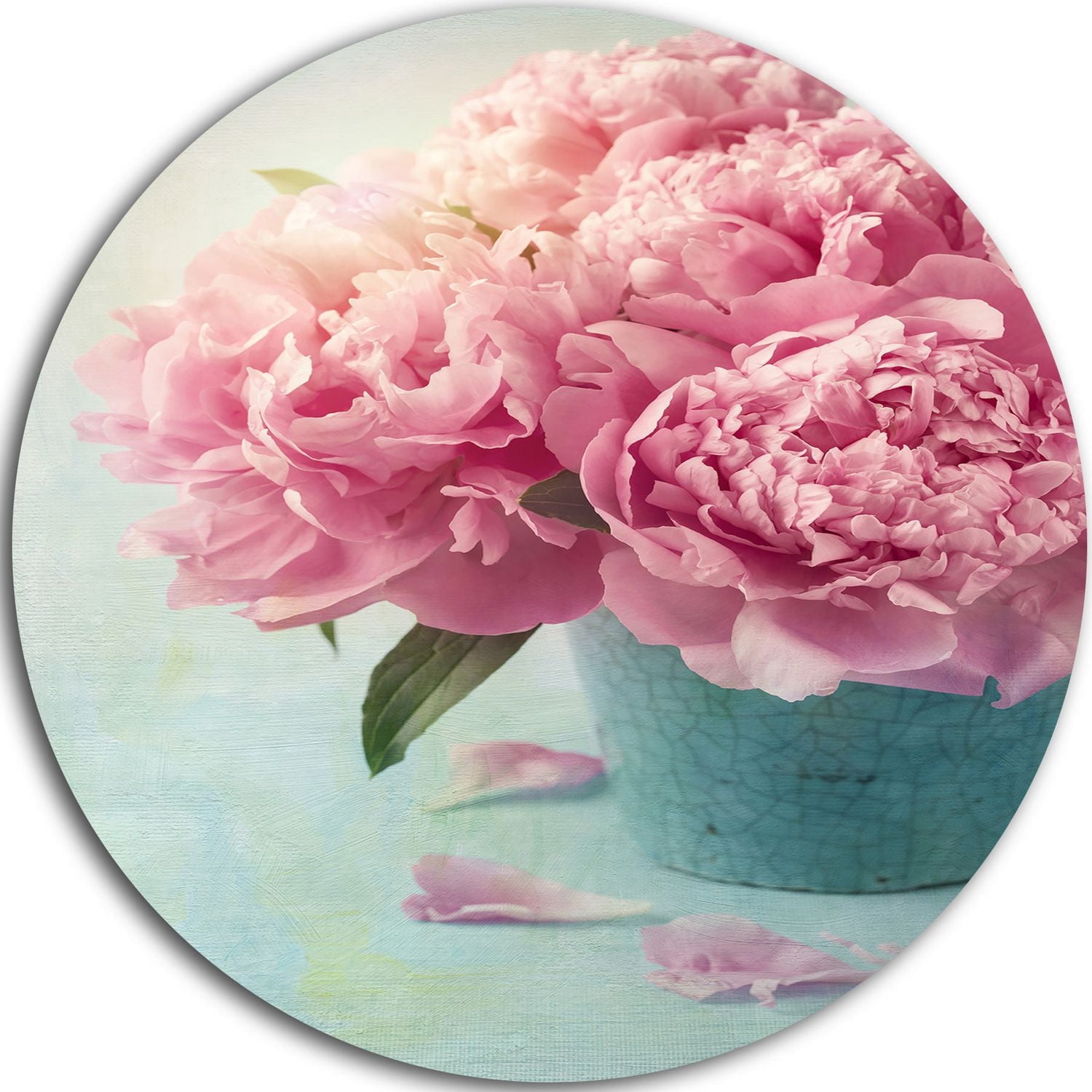 Art mural floral en métal Design Art Fleurs de pivoine roses dans un vase ultra brillant en cercle