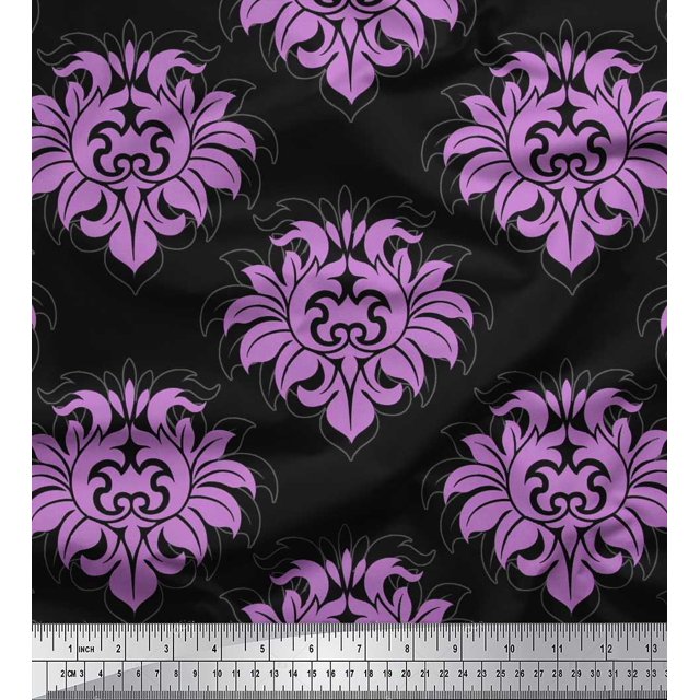 Soimoi polyester Crepe Fabric Seamless Baroque Damask Printed Fabric 1 Yard 52 Inch Wide