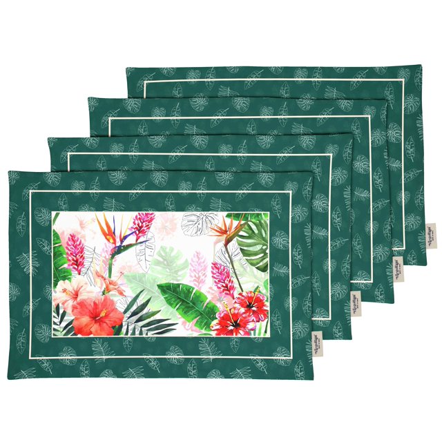 Vargottam Napperons - Napperon pour Table à Manger, Ensemble de 4 - Serviette en Coton Imprimée et Réversible - Napperons d'Intérieur pour Table de Salle à Manger à la Maison et en Cuisine - Floral Tropical (Vert Sarcelle)