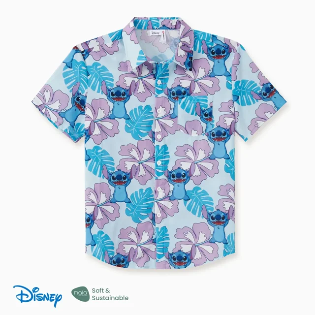 Disney Chemises pour Hommes Polo Graphique Lilo et Stitch Chemise à Imprimé Floral Tenues d'Été Assorties pour la Famille
