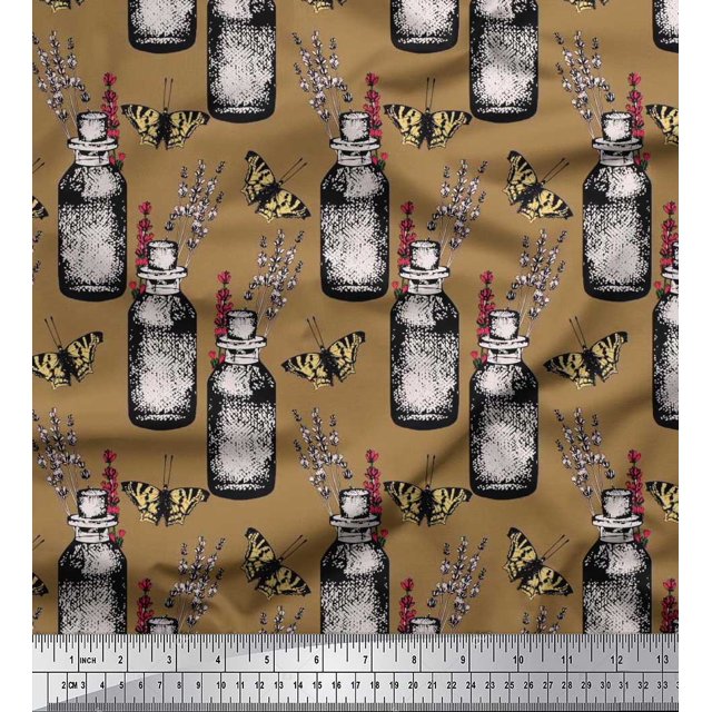 Soimoi Brown Modal Satin Fabric Insect,Lavender & Vintage Bottle Decor Fabric Printed BTY 42 Inch Wide