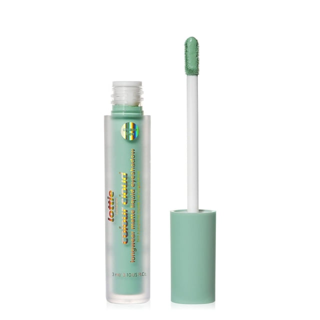 Lottie London Colour Cloud longwear matte liquid eyeshadow 3ml in a frosted tube with holographic gold text, shown with the applicator wand coated in mint green shade on a white background, ideal for crease-free, smudge-proof eye makeup.