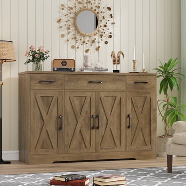 Homfa Buffet avec 3 Tiroirs et 4 Portes, Bahut de Cuisine de 55,1 Po L Armoire de Rangement avec Tablettes Ajustables, Armoire de Bar à Café Style Ferme pour Salle à Manger, Brun Rustique