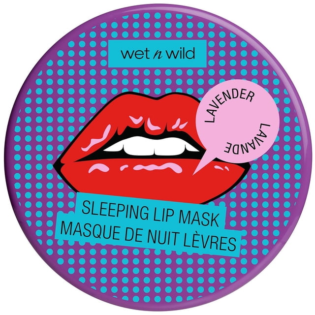 WNW Lip Mask in a round purple container with blue polka dots, featuring a red lips graphic and text indicating it is a wet n wild sleeping lip mask infused with lavender, designed to hydrate and nourish lips overnight.