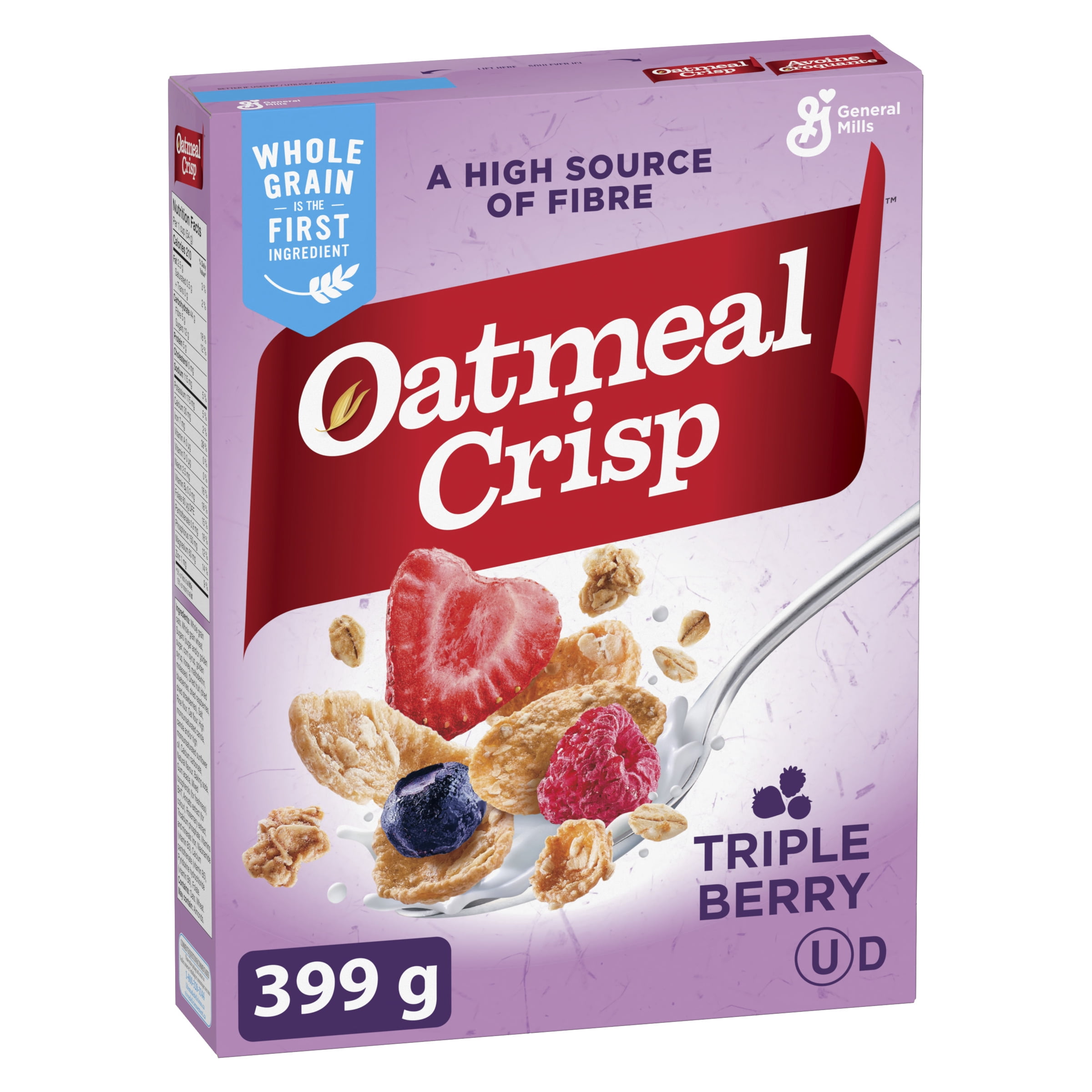 Oatmeal Crisp Breakfast Cereal, Triple Berry, High Fibre and Whole Grains, 399 g