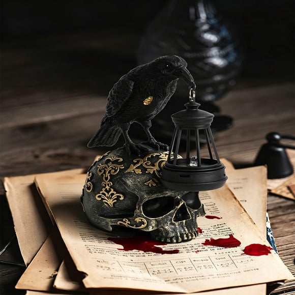 Solar Sitting Crow On Skull Statue Lights Halloween Decoration ,Solar Skull Lights with Black Crow On Skull Waterproof Solar Skeleton Lights Outdoor Skeletons Decor for Garden Pathway Lawn Yard