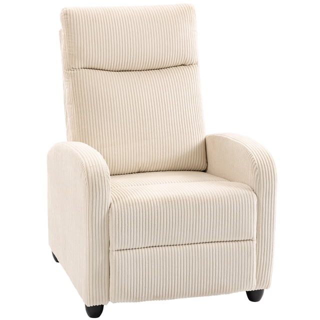 HOMCOM Push Back Recliner Chair Home Theater Seating with Padded Seat, designed for living room seating. Upholstered in beige corduroy fabric, it reclines up to 135° with padded armrests and backrest for comfort. Ideal for reading, watching TV, or napping. Space-saving design with dimensions: 27.25 inches wide, 34.75 inches deep, and 39.75 inches high upright; 61.5 inches deep when reclined.