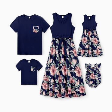 PatPat Family Matching Blue Cotton Tee and Flora Splicing Tank Top Dress Sets