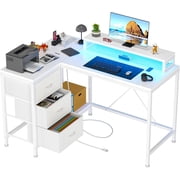 L Shaped Computer Desk with Power Outlets LED Lights Drawers Shelves Corner Gaming Desk Home Office Workstation Modern Ergonomic Design (White)