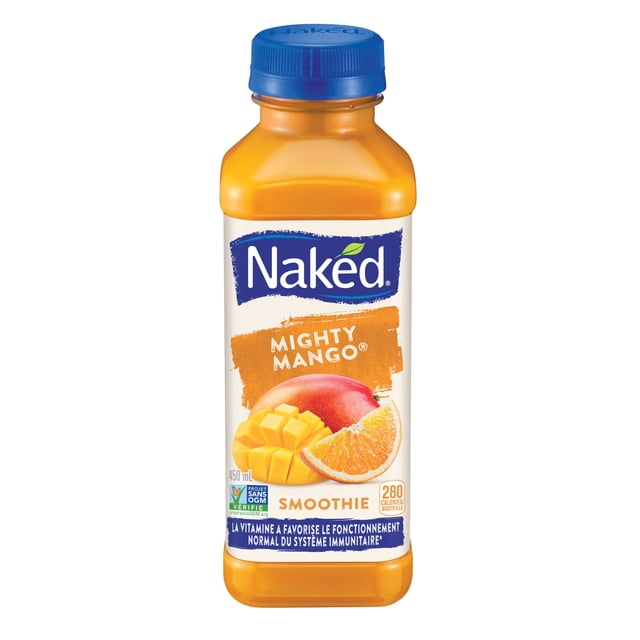 Naked Mighty Mango Smoothie 450 mL bottle with vibrant orange smoothie, blue screw cap, and label featuring Naked logo, mango and orange fruit images, highlighting a gluten-free, non-GMO, no added sugar fruit juice blend ideal for convenient, nutrient-rich refreshment on the go.