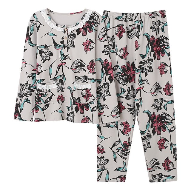 REDHOTYPE Pyjama Fantaisie à Fleurs pour Femme, Printemps Automne, Maman, Manches Longues, Coton, Col Rond, Automne pour Femme, Grande Taille, Tenue d'Intérieur