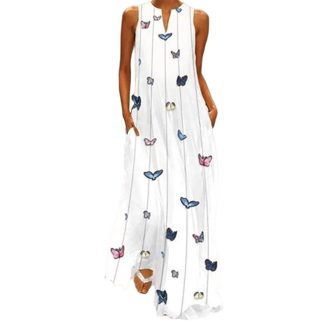 Bellella Robe Longue Maxi pour Femmes, Robe Débardeur à Col en V, Imprimé Floral, Robe d'Été de Plage, Ample, Sans Manches, Style de Fête, U 5TG