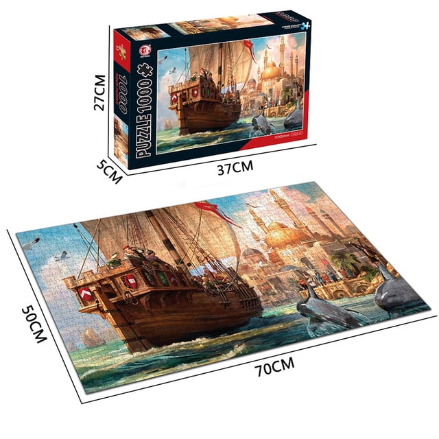 Sailing 1000 Pieces Large Jigsaw Puzzle for Adults, featuring a vibrant multicolour design of a sailing ship in a historical cityscape. The completed puzzle measures 75 x 50 cm (27.56 x 19.69 inches) and is made from sturdy recycled cardboard with a special surface film for long-lasting colour. Includes a high-definition reference poster and a back classification system for easier assembly. Packaged in a compact, eco-friendly storage tray without a box.