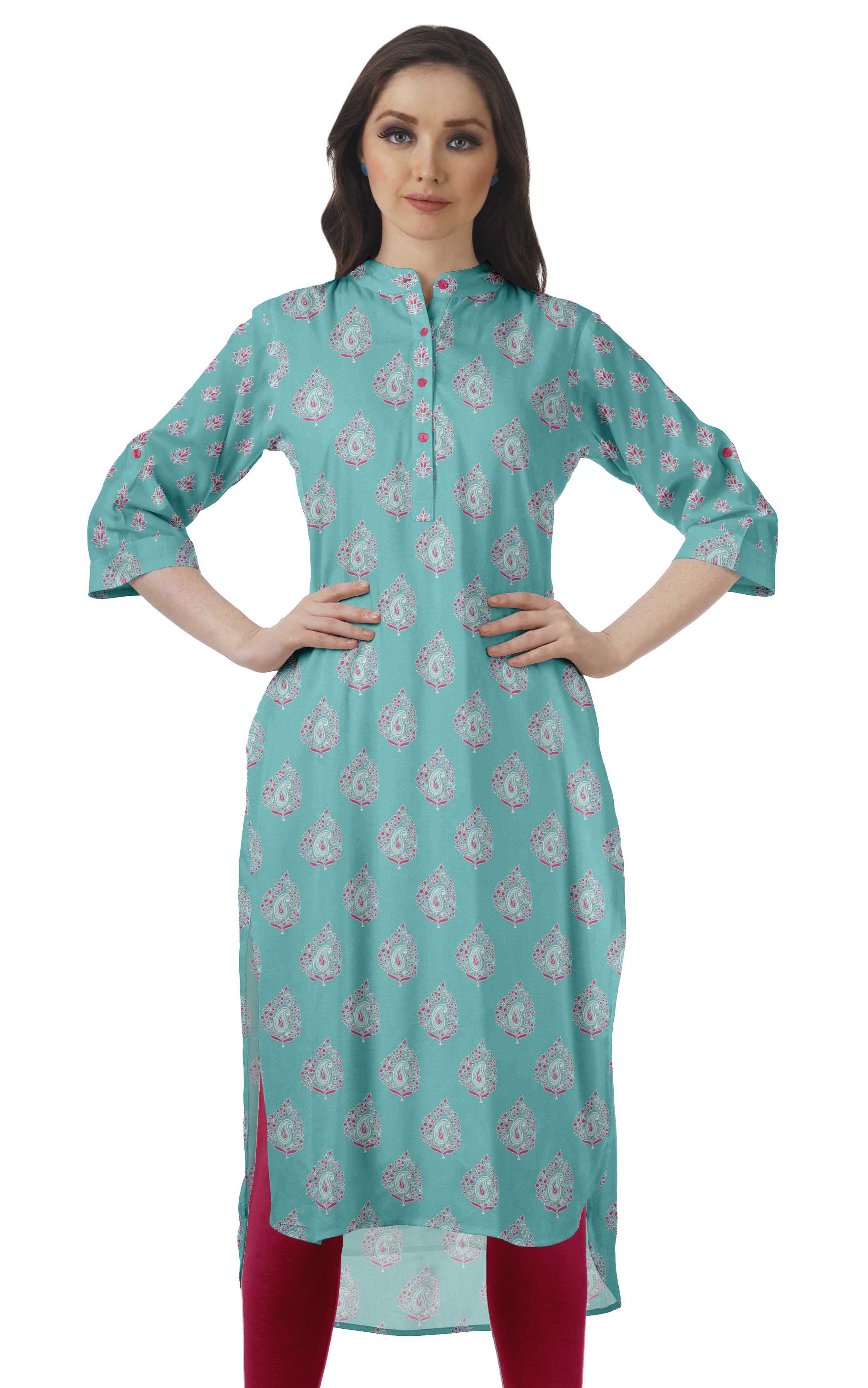 Moomaya Kurti Indienne Imprimée Tunique en Coton pour Femme Col Mandarin Kurta Longueur Genou