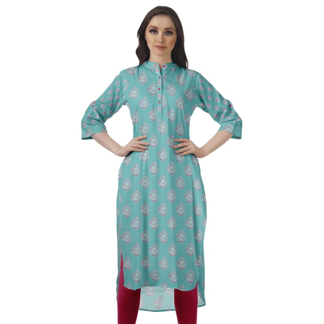 Moomaya Kurti Indienne Imprimée Tunique en Coton pour Femme Col Mandarin Kurta Longueur Genou