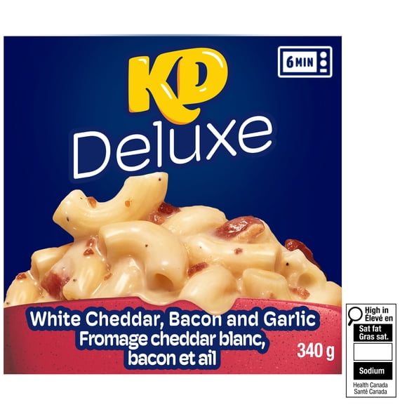 KD Deluxe White Cheddar, Bacon and Garlic Macaroni and Cheese Frozen Dinner, 340 g Box, Kraft Dinner Deluxe Bacon Garlic 340G