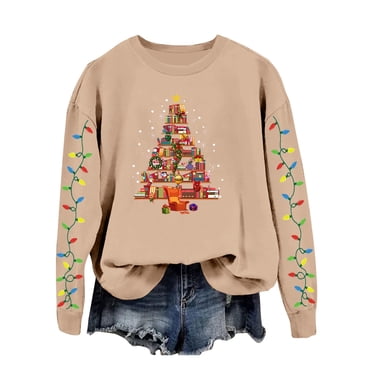 AWZXDE Women's Christmas Sweatshirt Pullover Cardigan with Christmas Tree Print - Crew Neck Long Sleeve Top for Women
