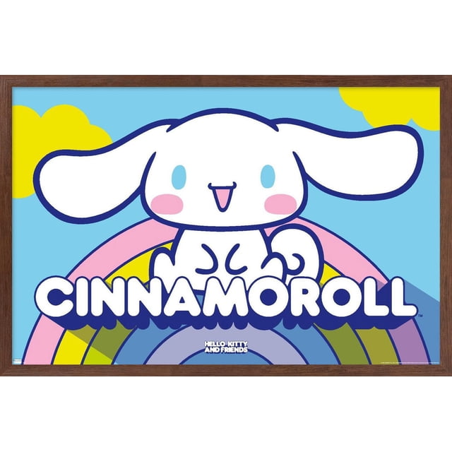Hello Kitty and Friends : 22 au-Dessus de l'Arc-en-ciel - Affiche Murale Cinnamoroll, 22,375 Pouces x 34 Pouces, Présente un Personnage Cinnamoroll Orienté vers l'Avant avec une Fourrure Blanche, de Longues Oreilles Souples, des Yeux Bleus et des Joues Roses au-Dessus d'Un Arc-en-Ciel Multicolore sur un Ciel Bleu avec des Nuages Jaunes, Imprimée sur Papier Lustré pour une Oeuvre Murale Vibrante et une Suspension Facile avec Supports Adhésifs.