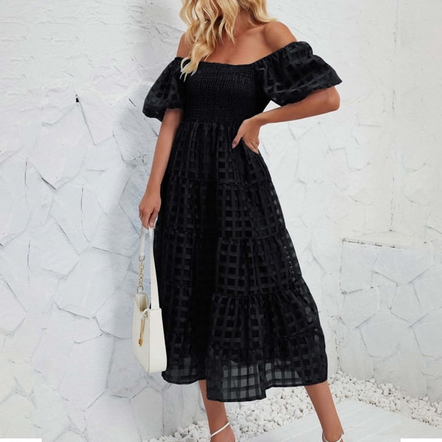 Gspmoly Robes Grande Taille pour Femmes aux Formes, Robe à Épaules Dénudées à Manches Courtes Plissée à Taille Haute pour Femmes, Robes Habillées pour Femmes jusqu'à 70 % de Rabais