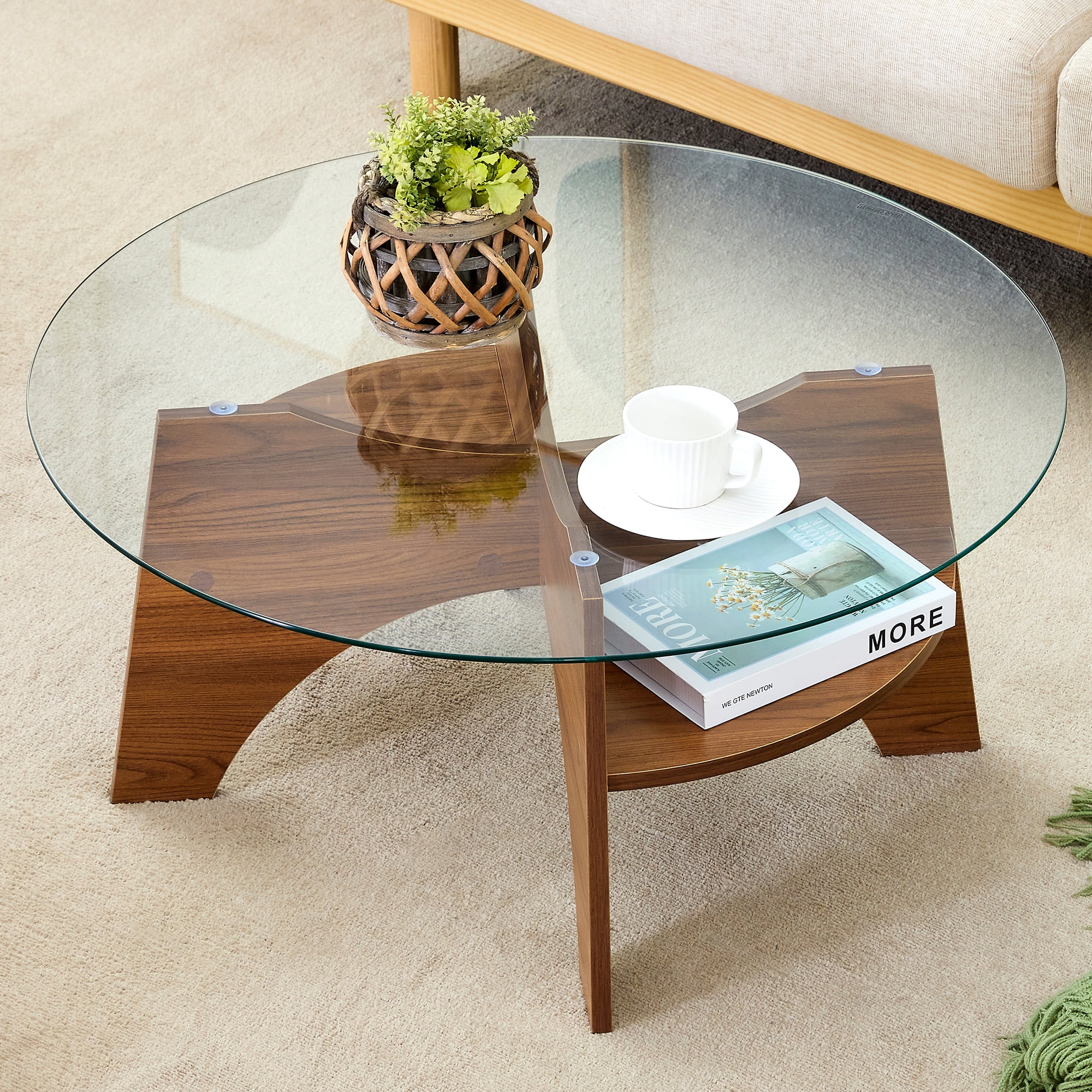 Noble House 31.5" Round Tempered Glass Coffee Table,Fan-Shaped Bracket,Walnut