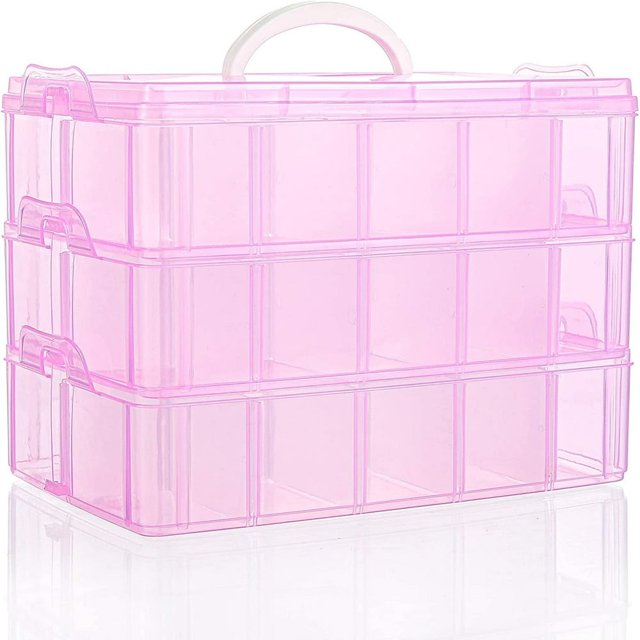 EIGTHTAIL Casewin 3 Tier Blue Transparent Plastic Stackable Storage Box - Adjustable Compartment Slots - Max 30 Compartments - Container for Storing & Organising Toys Jewellery Beads A