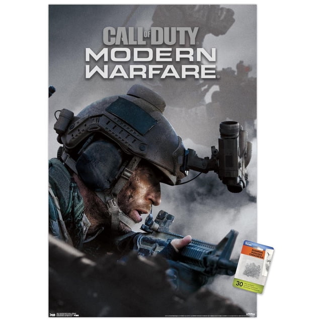 Call of Duty : Modern Warfare - Affiche Murale Multijoueur, 22,375 Po x 34 Po Représentant un Soldat en Équipement Tactique Tenant un Fusil et Portant un Casque de combat avec Équipement de vision Nocturne, sur un Fond de Champ de Bataille Enfumé, Idéal pour la Déco Murale de Salle de Jeux Ou de Bureau.