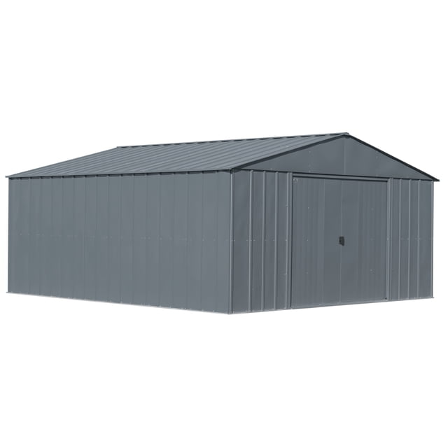 Arrow Classic Remise de Rangement en Acier au Charbon 14 x 14 x 7 Pi avec Panneaux Verticaux en Acier Galvanisé et Toit à Pignon Bas pour Empêcher l'Accumulation d'Eau, avec Portes Coulissantes Verrouillables sur Grands Glissières et Fini Peinture polyester Sherwin-Williams pour la protection contre la Rouille, Idéale pour Ranger des Outils et de l'Équipement de Jardin.