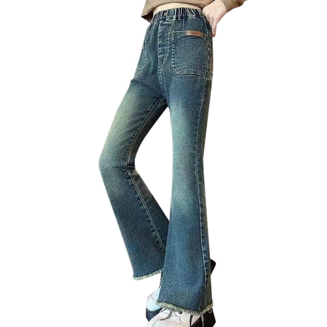 Girls Casual Denim Pants High Waisted Wide Leg Jeans With Pocket