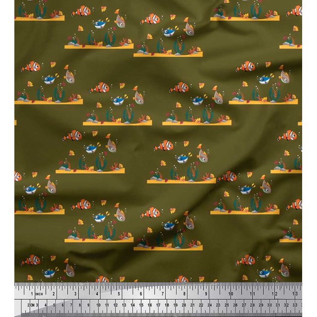 Soimoi Polyester Crepe Fabric Coral & Fish Ocean Printed Craft Fabric by The Yard 52 Inch Wide