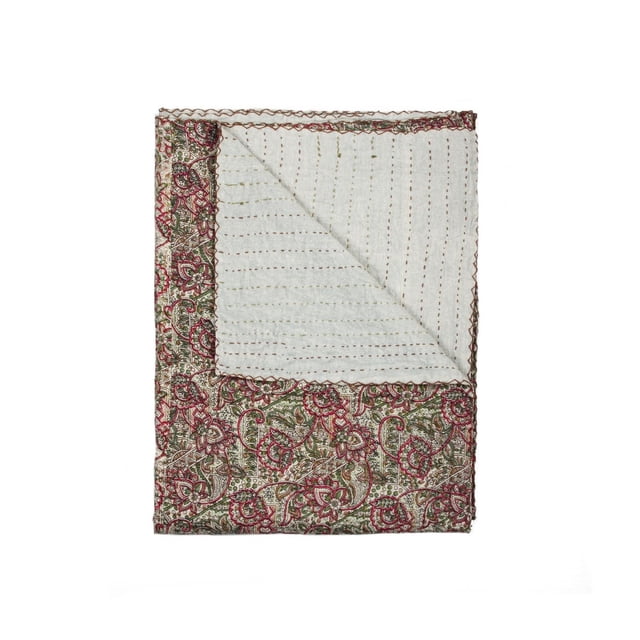 KANTHA COTTON THROW BLANKET 50" X 70" folded to show both sides, featuring a quilted white cotton side with stitched lines and a colorful floral paisley pattern in red, green, and beige, handcrafted with traditional quilting technique, suitable as a decorative throw or wall hanging.