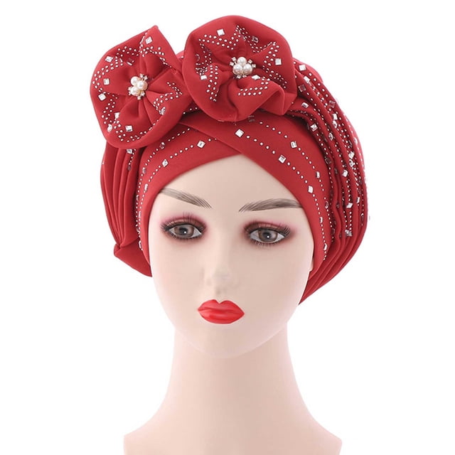 Fashion Women Beading Braid Hat Muslim Ruffle Cancer Wrap Cap Sleep Caps Satin Lined Hair Bonnets