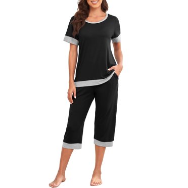 hoksml Women's Two Piece Sets Solid Round Neck Short Sleeved Capris Home Set Pajamas Sets Lounge Pant Sets 2025 on Clearance