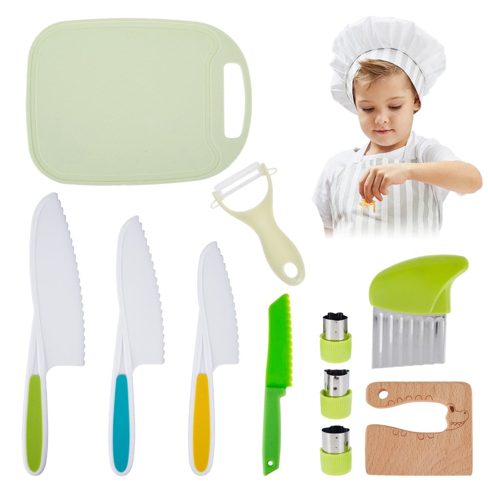 MesaSe 11 Pieces Toddler Knife Set with Cutting Board Portable Plastic Kitchen Knife Set Reusable Wooden Kids Knife for Cooking
