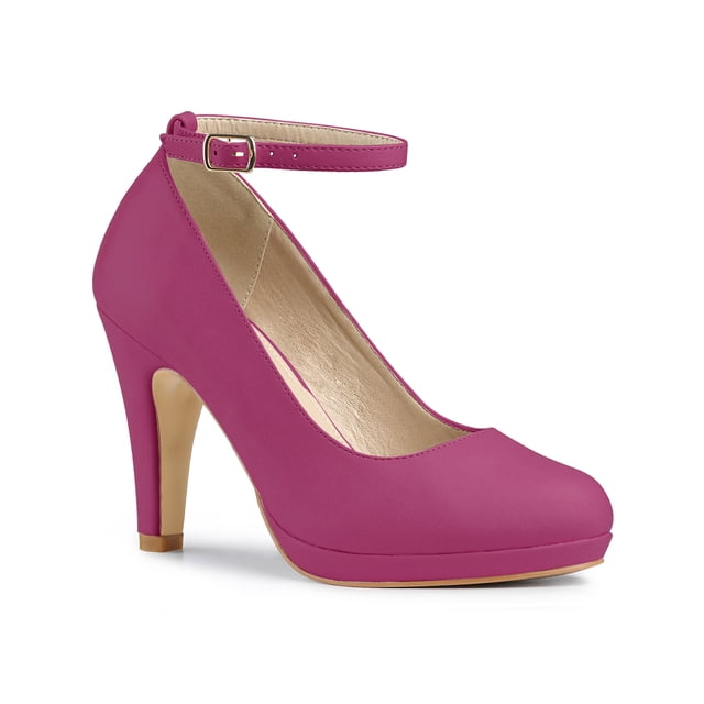 BLISSFUL STEP Chaussures pour Femmes Bout Rond Talon Aiguille Bride à la Cheville Escarpins Rose Vif 9.5