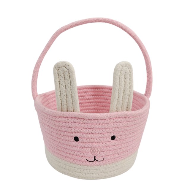 SUNSIOM Easter Bunny Basket Cute Contrast Color Rope Easter Bucket Tote with Long Handle for Home Party School