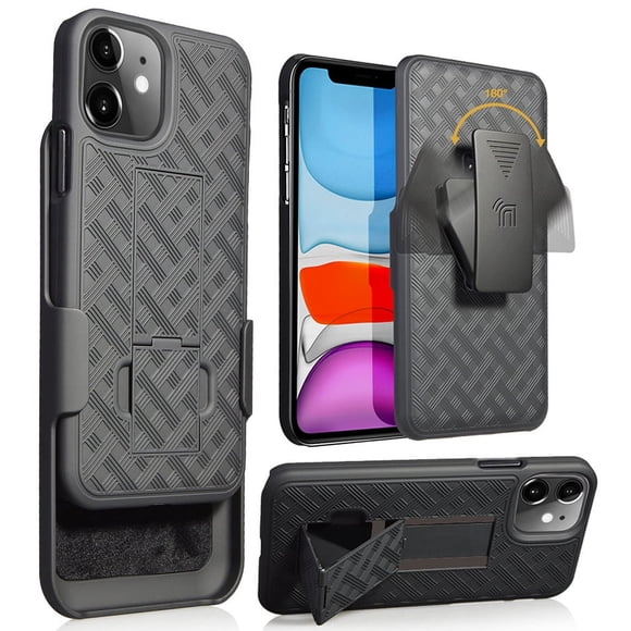 Case with Clip for iPhone 11, Nakedcellphone [Black Tread] Kickstand Cover with [Rotating/Ratchet] Belt Hip Holster Holder Combo for Apple iPhone 11 (2019, 6.1" Model)