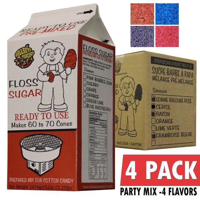Caisse de 4 Saveurs de Barbe à Papa, Mélange de Sucre pour Fête, Contenant Quatre cartons de Sucre Prémélangés de 3,25 Lb en Saveurs Framboise Bleue, Gumble baloune (rose), raisin (mauve) et cerise (Rouge), Prêt à Utiliser pour les machines à Barbe à Papa à la Maison Ou en Entreprise.