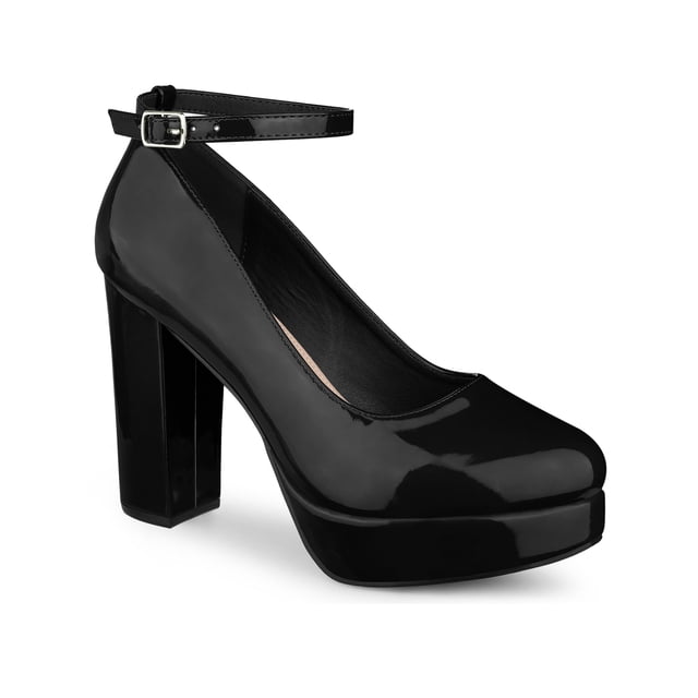 BLISSFUL STEP Escarpins à Talon Bloc pour Femmes Plateforme à Bride à la Cheville Bout Rond Talon en Noir, Taille 10. Ces Escarpins Inspirés de Mary Jane Offrent une Finition en Cuir Verni Lustré, un Talon Bloc de 4 1/3 Po et un design à Bout Rond. la Bride de Cheville Ajustable avec une Fermeture à Boucle Sécurisée Assure un Ajustement Personnalisé. Conçus avec une Semelle Extérieure en Caoutchouc durable et un Talon Plateforme en ABS Robuste, Ces Chaussures Allient style et Résilience. Idéales pour le Bureau, les Événements en Soirée Ou les Sorties de Fin de Semaine