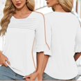 thumbnail image 2 of Plebaso Hauts d'Été pour Femmes à Volants Manches 3/4 Col Rond Chemises Plissées Décontractées Amples Tuniques Blouses, 2 of 7