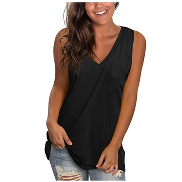 lcziwo Womens Tank Tops V Neck T Shirts 2024 Sleeveless Tops Solid Color Flowy Swing Tanks Hide Belly Casual Loose Basic Shirt Tops Blouses,Black,S