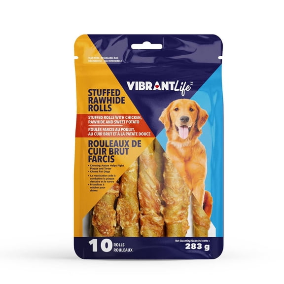 VibrantLife roulés farcis au poulet, au cuir brut et à la patate douce friandises à mâcher pour chiens