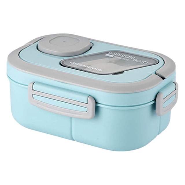 EGNMCR Kitchen Gadgets, Small Stainless Steel Insulated Lunch Box in blue with a layered and compartmentalized design. Features a built-in silicone sealing ring for leak prevention, a hidden handle for portability, and a silicone venting valve for easy lid opening. Made of food-grade polypropylene material, it has a capacity of 1200ml and measures 21x14.5x8.6cm. Suitable for school, work, or outdoor use, it includes a fork and spoon and is designed for easy cleaning and stable placement with a non-slip bottom.