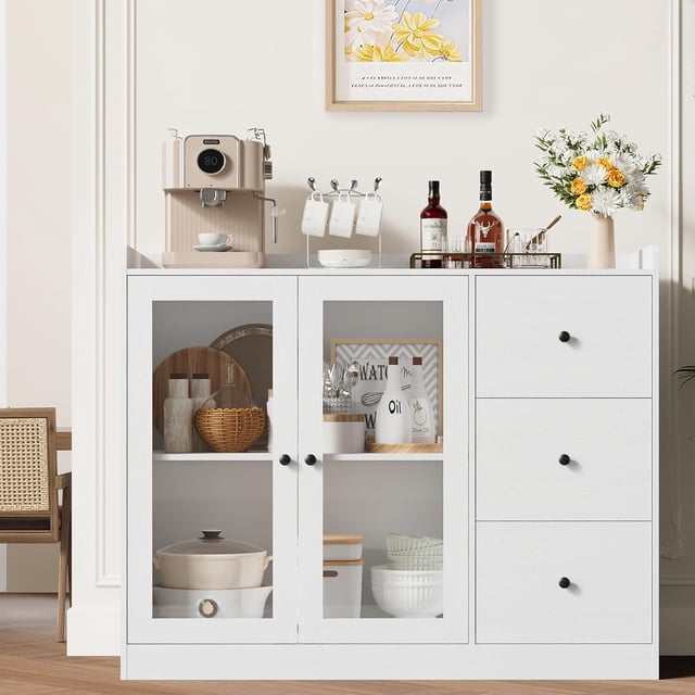 Buffet Cabinet with Storage, 43" Modern Sideboard Kitchen Cabinet with 3 Drawers, Wood Buffet Table for Kitchen, Dining Room, White