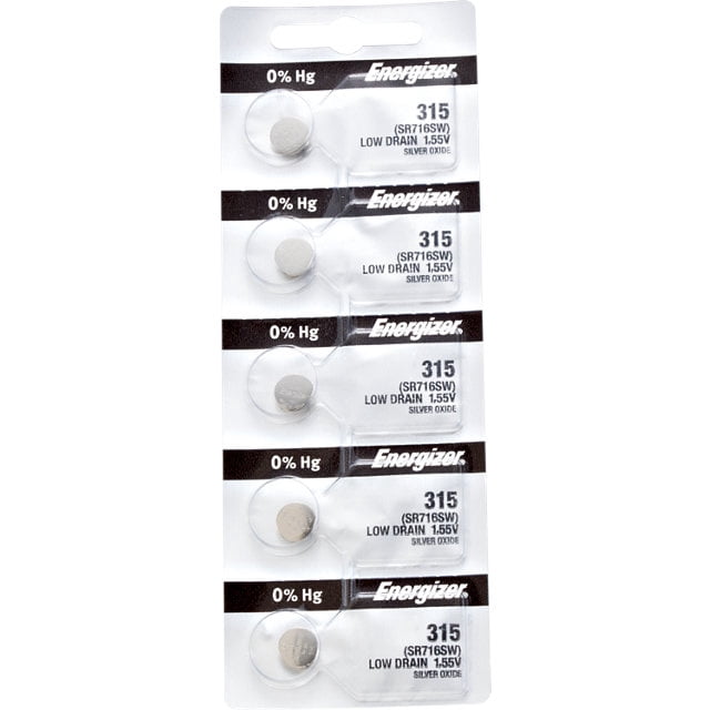 5 x Energizer 315 watch batteries in a blister pack, featuring silver oxide composition and 1.5V voltage. Mercury-free design labeled '0% Hg,' ideal for watches, calculators, coin cell devices, car starters, keyless remotes, health monitors, and glucose monitors.
