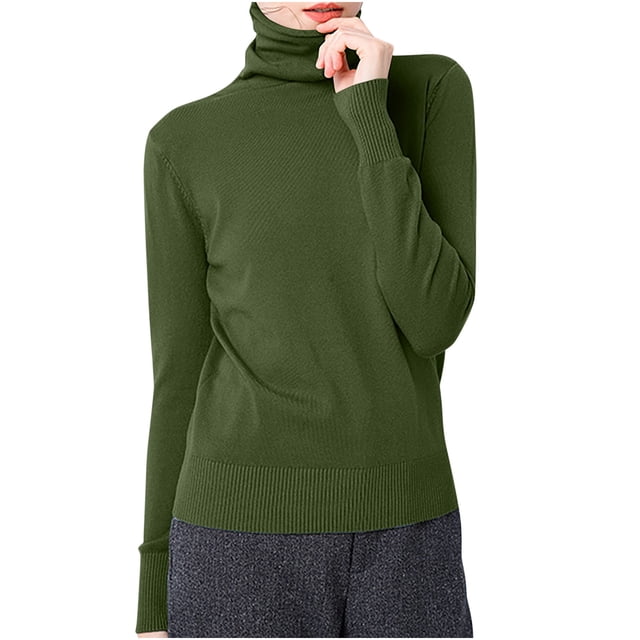 AherBiu Tops for Women Long Sleeve Basic Layer Fall Knitted T Shirts High Neck Comfy Solid Color Shirt