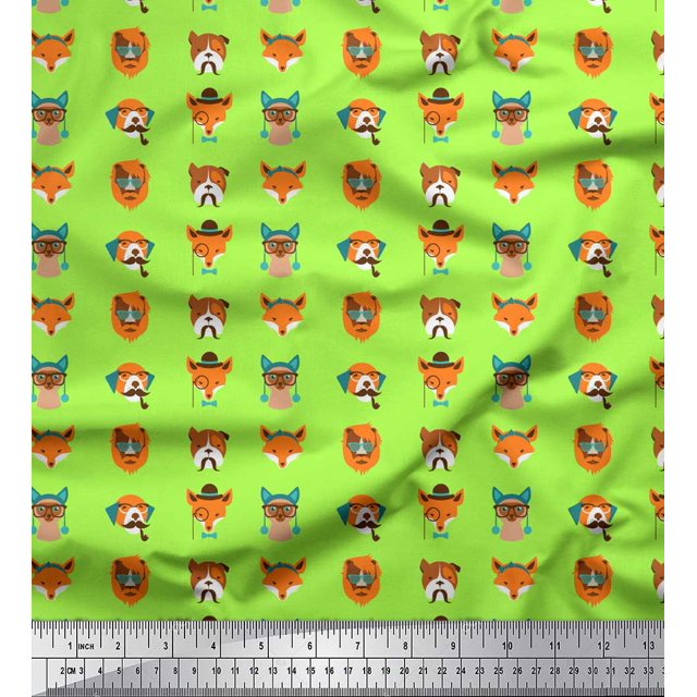 Soimoi Green polyester Crepe Fabric Dog Face Cartoon Print Fabric by Yard 52 Inch Wide