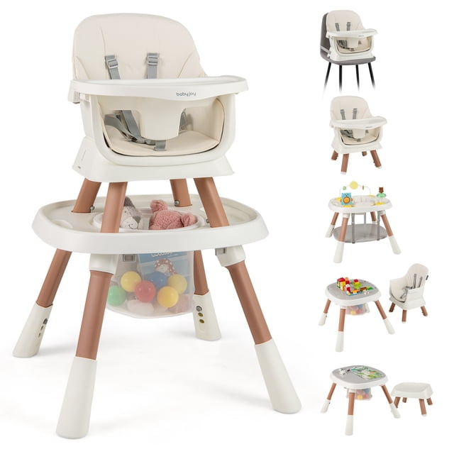 Gymax 16-in-1 Baby High Chair in white, designed for children aged 6 months to 3 years. This convertible high chair offers 16 configurations, including a booster seat, activity center, and building block table. It features a 3-position adjustable tray, 3-level height settings, a waterproof seat cushion, and a 360-degree rotating seat. Made from durable metal, PP, and ABS materials, it includes a toy storage basket and supports tool-free assembly for easy transitions.